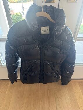 SAM Women’s Freestyle Down Puffer Black Glossy Quilted Puffer Jacket Size Large